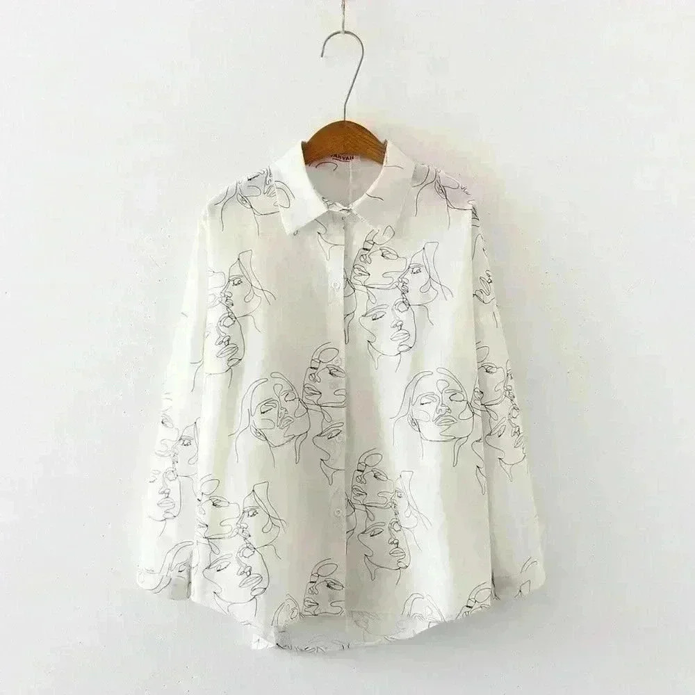 Ladies funky abstract faces‎ Print shirts women sketch print blouse casual shirt